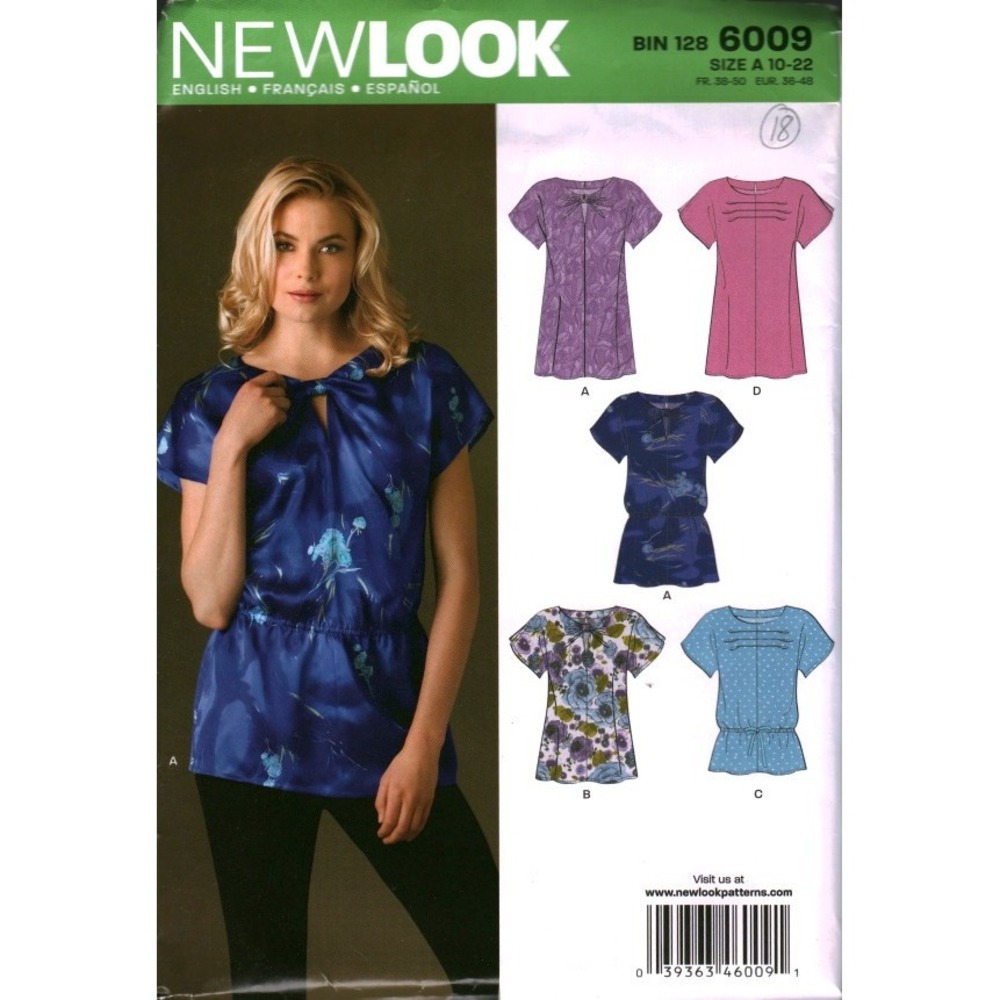 New Look 6009 Sewing Pattern Misses Tops Blouses Size 10-18 Keyhole Bow Pleated